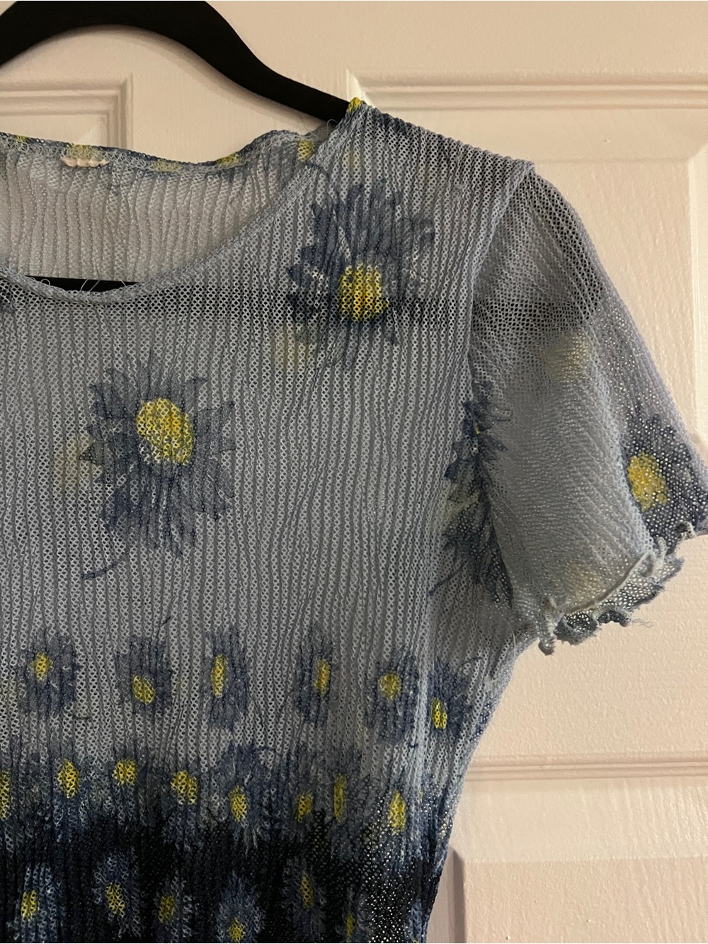 Light Blue Floral Mesh Short Sleeve Top with Yellow Accents